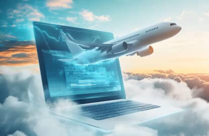 3d rendering of an airplane flying over a laptop with a digital data and cloud technology background concept