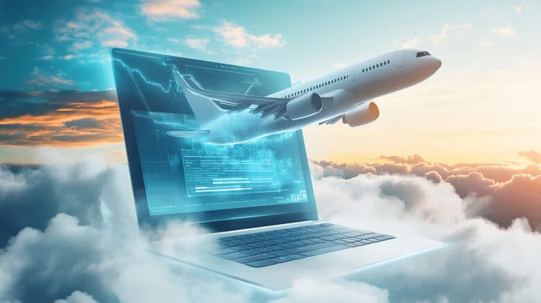 3d rendering of an airplane flying over a laptop with a digital data and cloud technology background concept